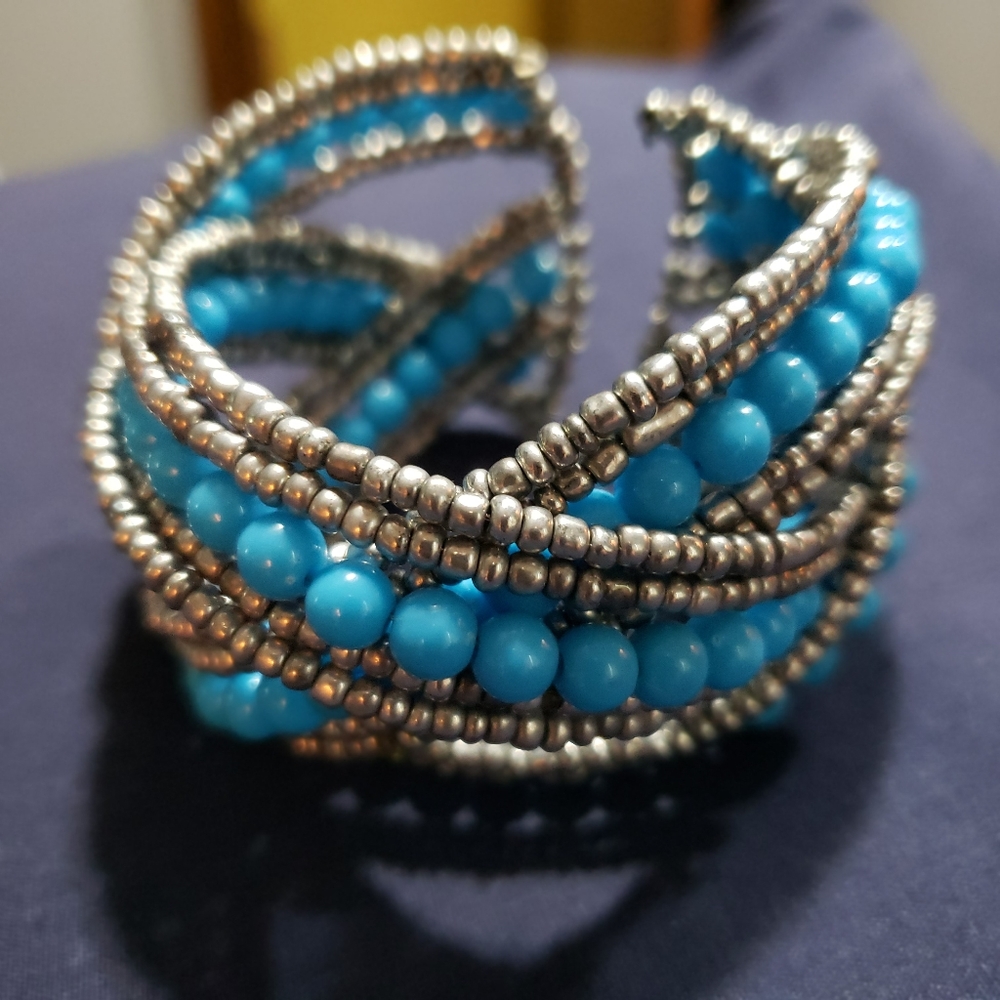 Silver and turquoise beaded cuff bracelet